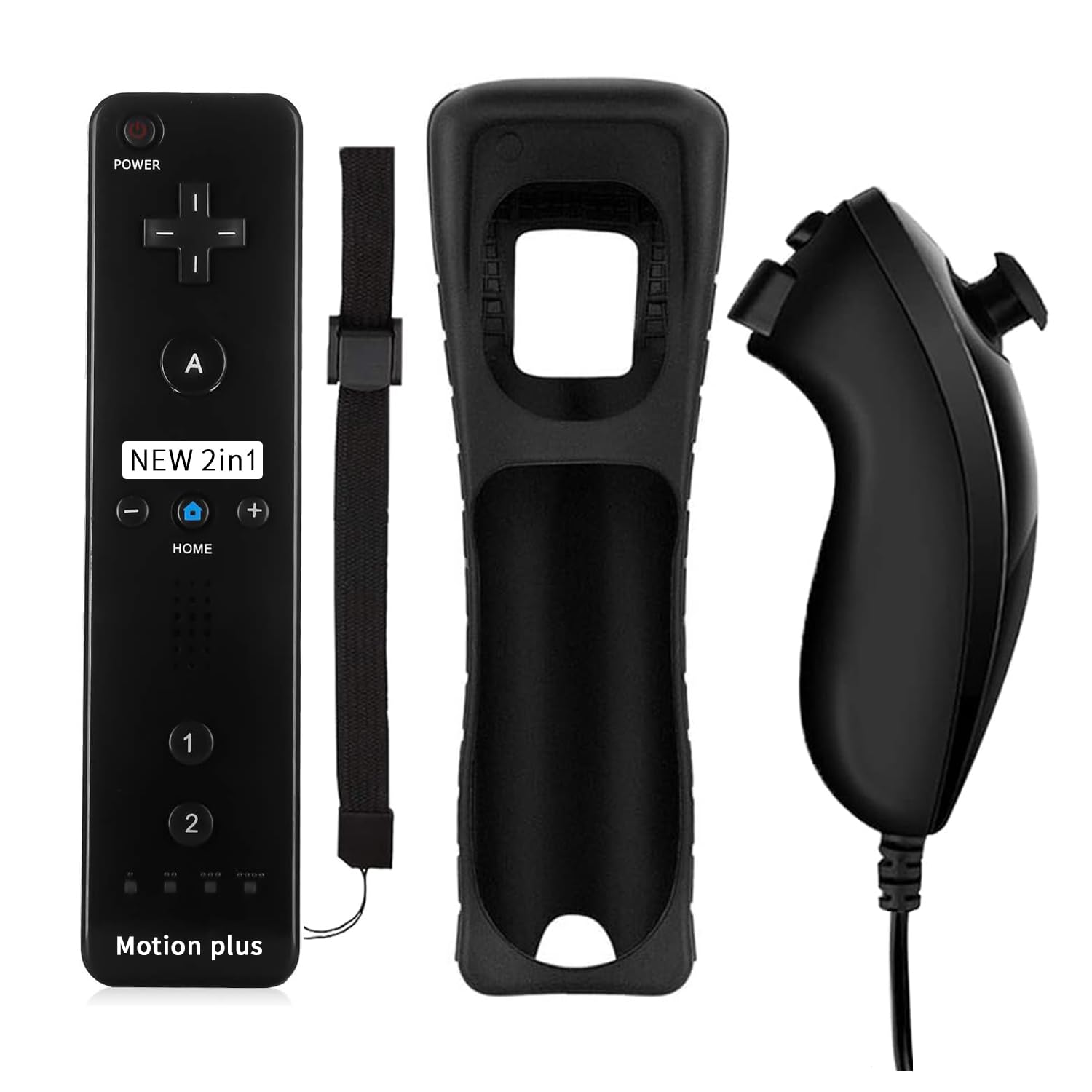 QUMOX Wii Remote Controller and Nunchuck Controller with Built-in Motion Plus Silicone Case and Wrist Strap-Fine Black [Nintendo Wii]
