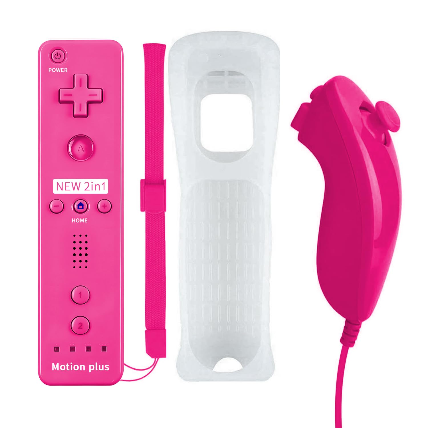 QUMOX 2 in 1 Nunchuck Controller Replacement Console Built in Motion Plus with Silicone Protective Case for Wii and Wii U Pink [Nintendo Wii]