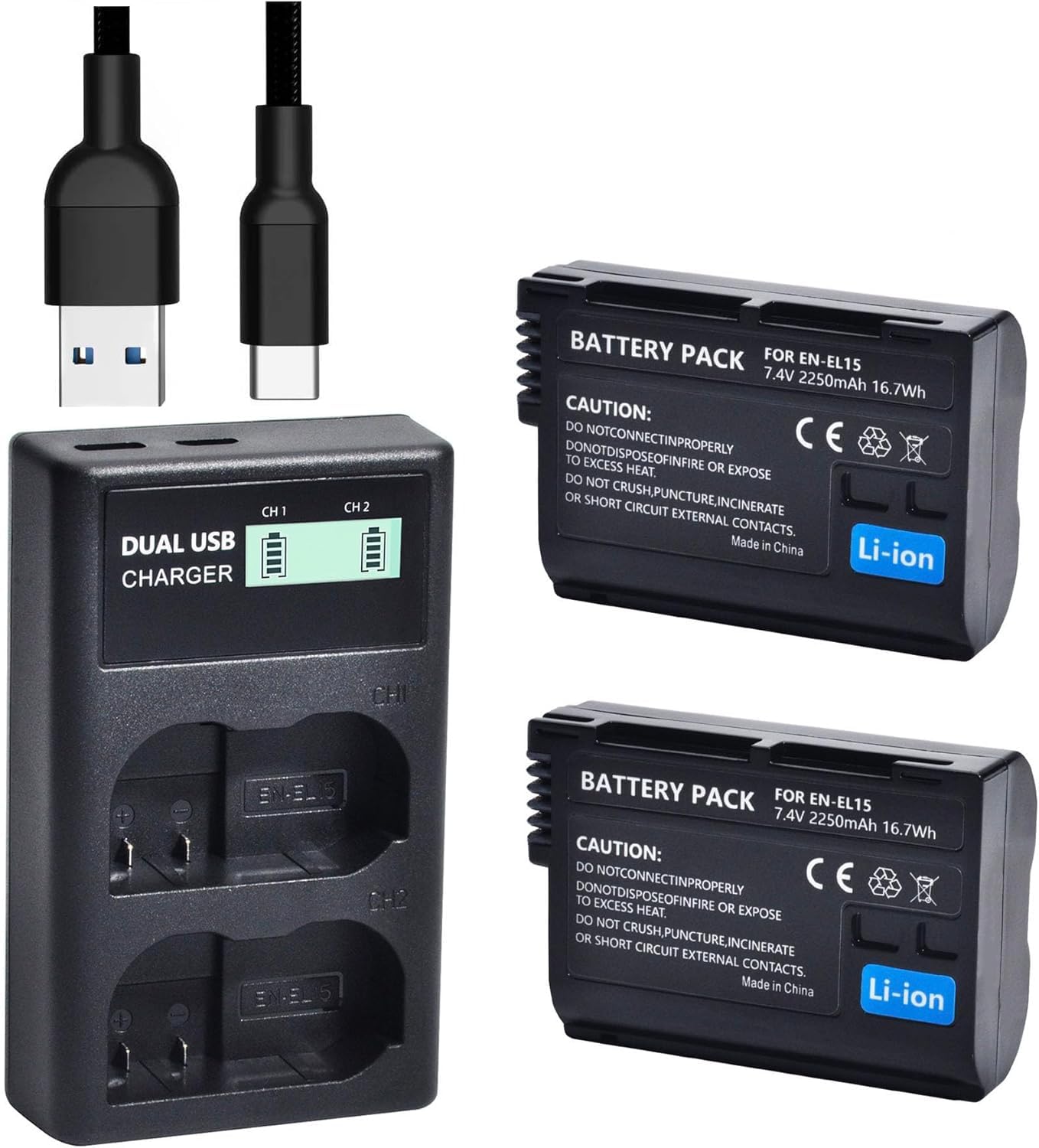 QUMOX EN-EL15 Battery 2-Pack and Dual Charger, 2250mAh, 7.4V, Compatible with Z6, Z7, Z8, D750, D850, D7000, D7100, D7200, D7500, D500, D600, D610, D780, D800, D800e, D810, D810a Cameras