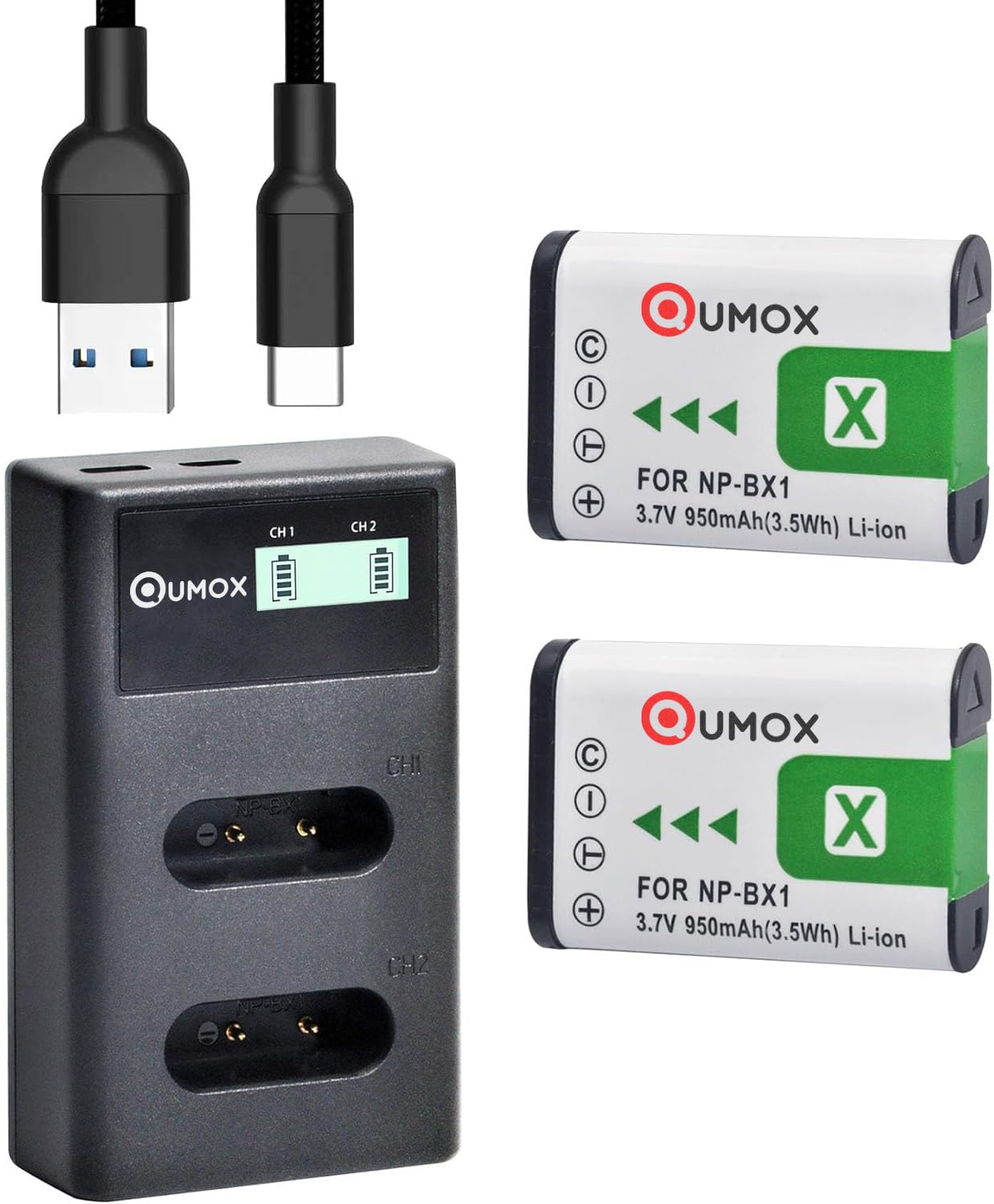 QUMOX 2pcs 950mAh NP-BX1 Battery + LCD Dual USB Charger with Type C Port for NP-BX1/M8 DSC-HX80, HX90V, HX95, HX99, HX350, RX1, RX1R II, RX100 (II/III/IV/V/VA/VI) HDR-AS50, AS300