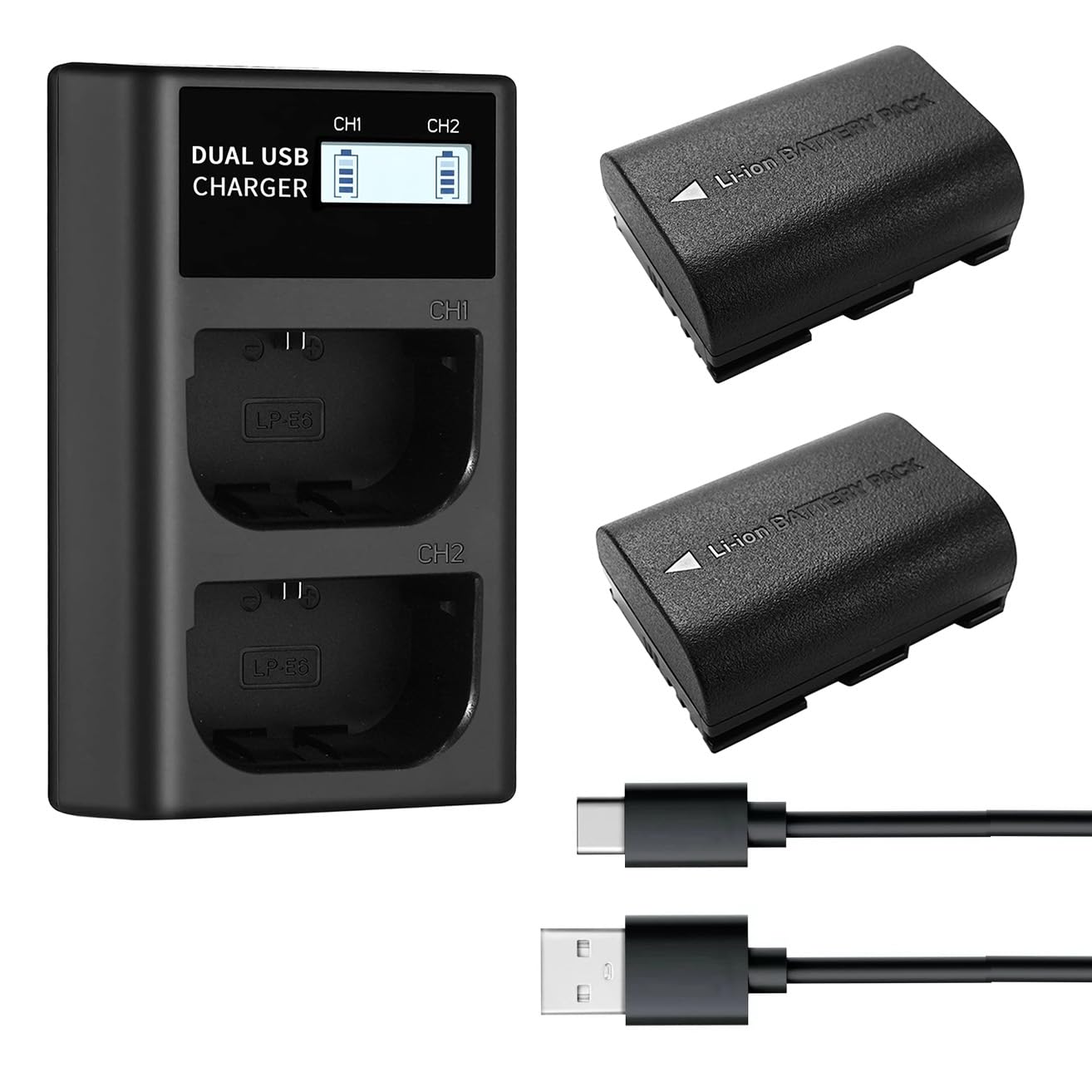 QUMOX LP-E6NH Replacement Battery and USB Charger Set, 2X Pack 2250mAh Replacement for LP-E6 LP-E6NH Battery, Dual Slot USB Charger Compatible with Canon EOS R7 R5 R6 R6 II R, 5DIV, 6DII, 7DII, 80D