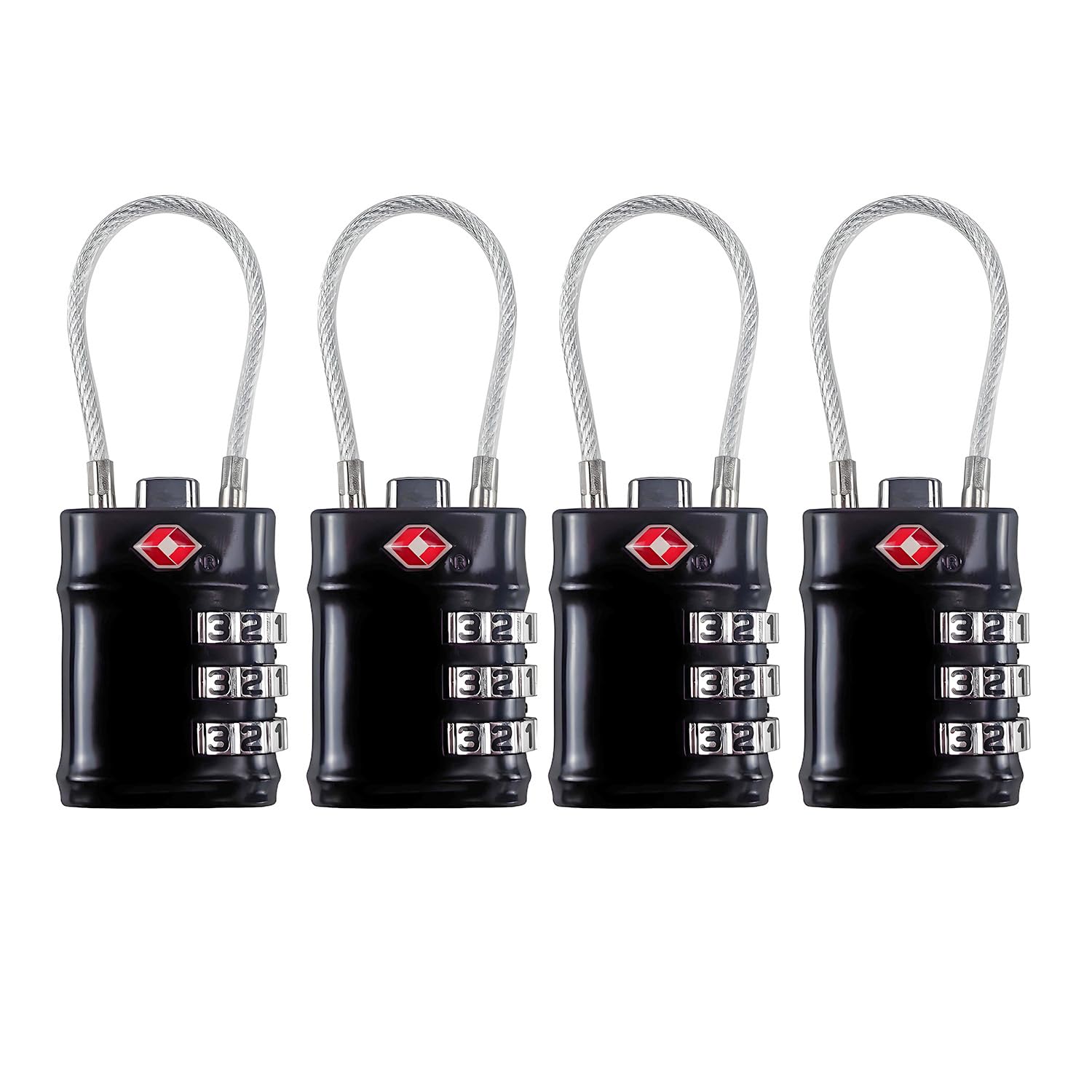 QUMOX TSA Approved Cable Luggage Locks, 3 Digit Combination Padlocks, Travel Lock for Suitcases Bag, Alloy Body, Travel Accessories (Black 4 Pack)